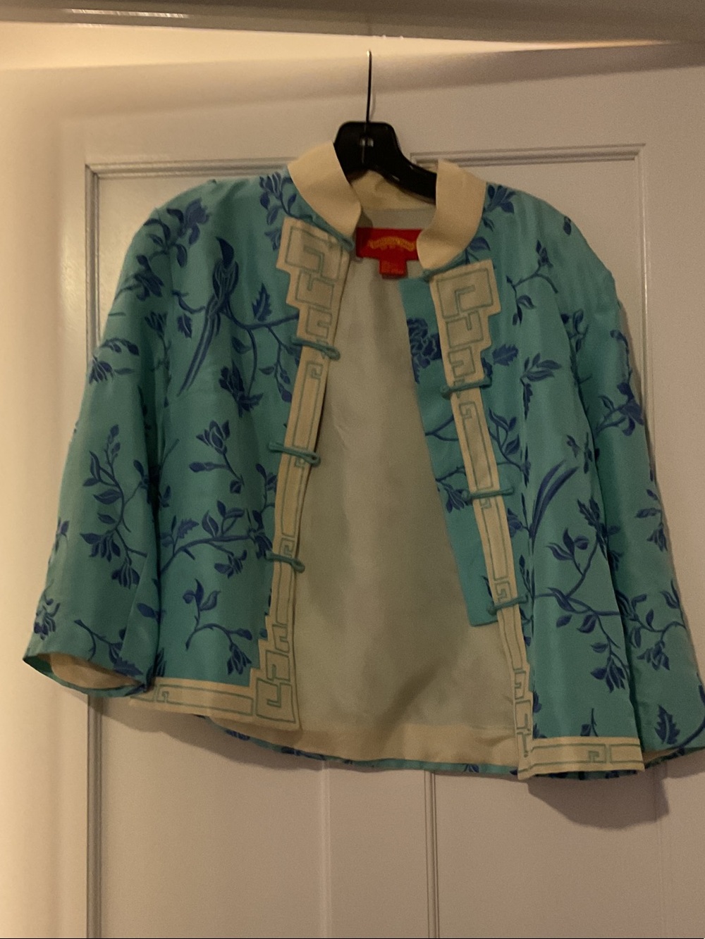 Shanghai Tang Turquoise Blue Floral Mandarin-Trim Jacket